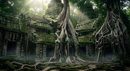 Ancient temple overgrown with giant tree roots in jungle