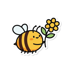 Obraz premium Cute cartoon bee flying toward a bright flower with a cheerful smile in a sunny meadow.
