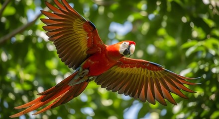 Vibrant red macaw in flight with stunning green foliage background