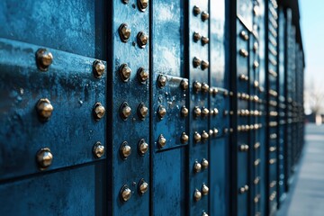 Obraz premium Close-up of a weathered dark blue metal wall with prominent golden rivets, showcasing texture, industrial design, and a strong, robust aesthetic.