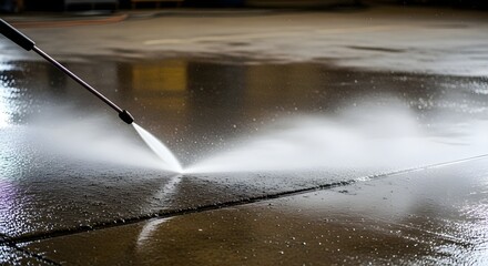 Power washer cleaning concrete surface with strong water jet