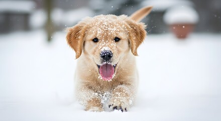 Golden retriever dog running playfully in snowy landscape