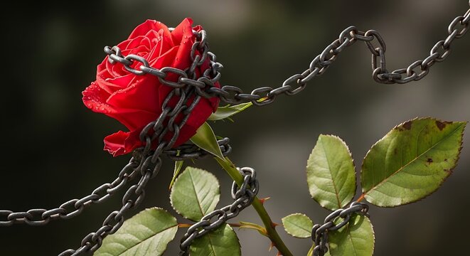 Red Rose Entwined in Rusty Chain.