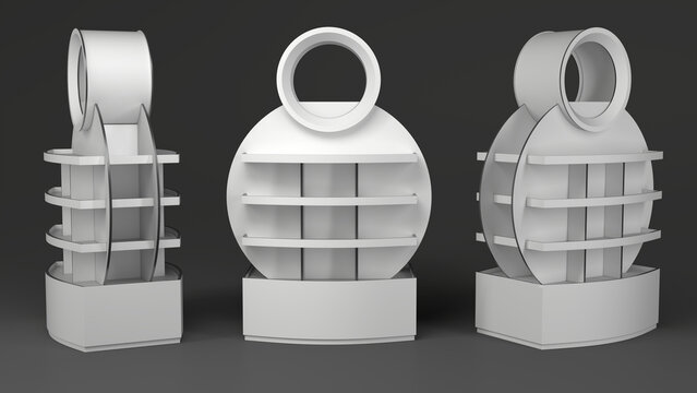 Retail cardboard POS display stands with round design. Trade show booth. 3d illustration on dark gray background