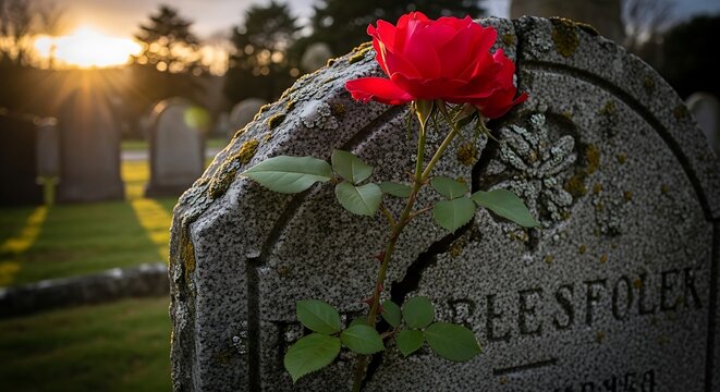 Red rose on a grave stone at sunset.