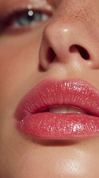 applying pink lip gloss: ultra Close-Up Beauty video of Glossy Lips with Lip Gloss Applicator and Shiny Makeup Texture