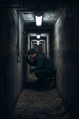 Fototapeta premium Man Works on Wires in a Dimly Lit Corridor at Night in an Underground Location