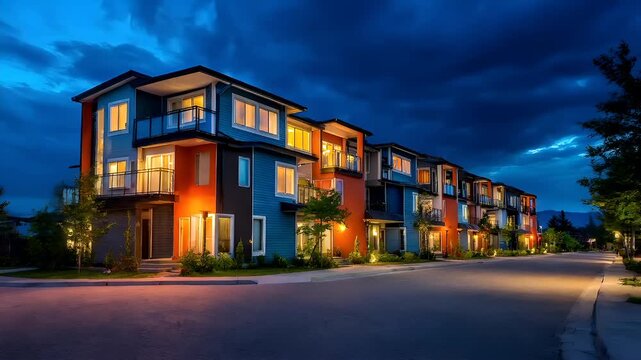 Real estate business market, house home building purchase sale. A row of multistory townhouses illuminated by lights, situated on a road surrounded by lush green grass, plants, and trees.