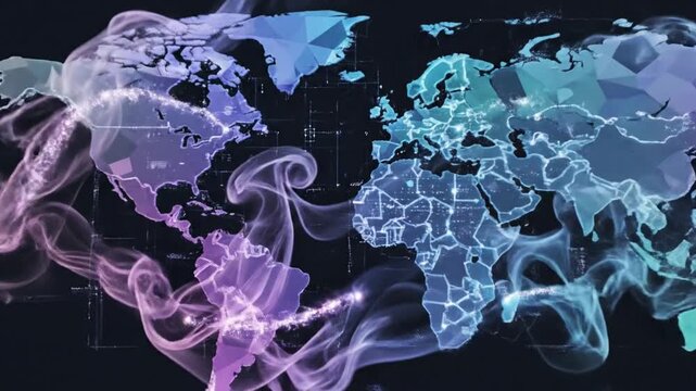 Abstract digital representation of the world map with swirling smoke effects in vibrant blue and purple hues creating a global connection concept