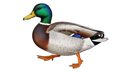 Mallard duck walking, isolated on white background