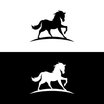 Elegant black and white horse silhouettes in a dynamic prancing pose, suitable for a logo design.