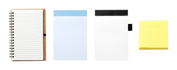 Various notebooks and notepads arranged neatly on a dark surface, showcasing different styles and paper types for writing, planning, and organization.