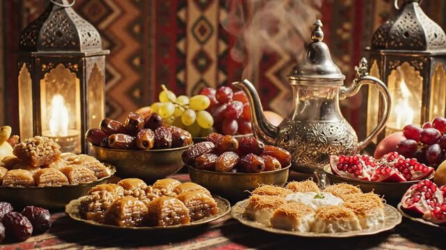 Traditional Middle Eastern sweets and fruits with lanterns and tea traditional desserts ramadan food