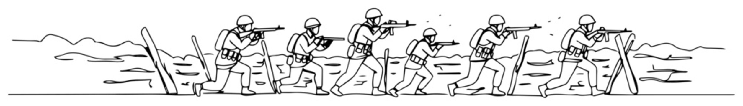 soldiers storming beach with rifles &ndash; wwii style outline vector graphic