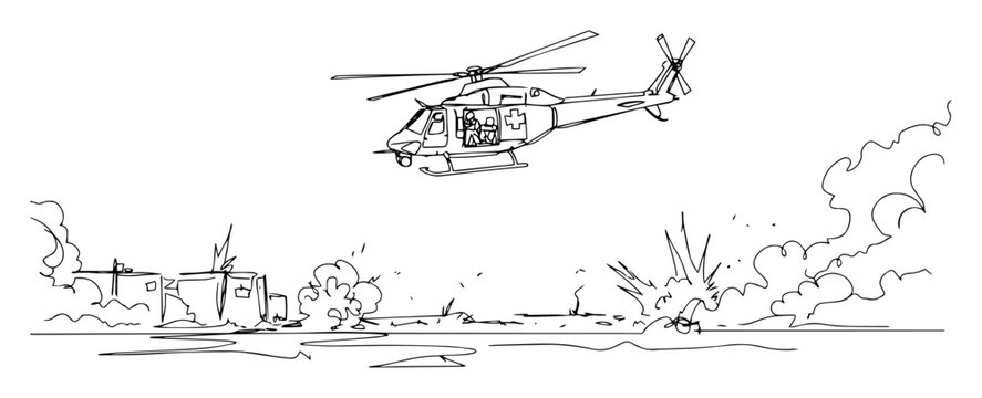 military helicopter flying over battlefield with explosions &ndash; outline vector drawing