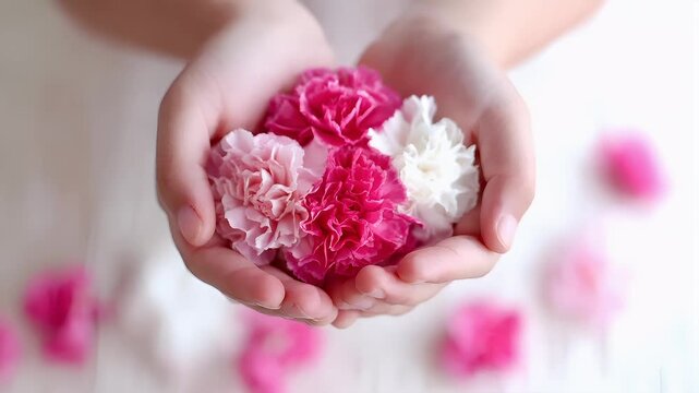 Mothers Day, Valentines Day, love holiday theme. A person holding a vibrant bouquet of pink and white carnations in their hands against a blurred background, emphasizing the beauty of the flowers.