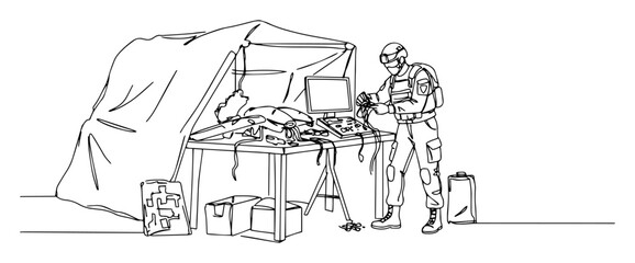drone control station in military field tent – outline mobile command unit © Wieslaw