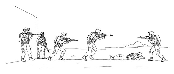 soldiers clearing building in tactical rescue mission – outline military graphic © Wieslaw