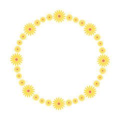 Obraz premium Round floral wreath of decorative whimsical yellow first spring flowers, simple frame Easter holiday celebration design element for wedding, birthday, card, background, invitation, sticker, decoration