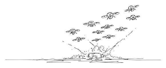 drone swarm strike hitting vehicle – outline modern warfare concept © Wieslaw