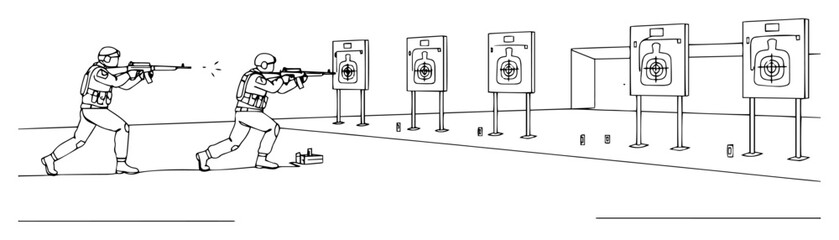 soldiers shooting at targets during drill – outline firearms training scene © Wieslaw