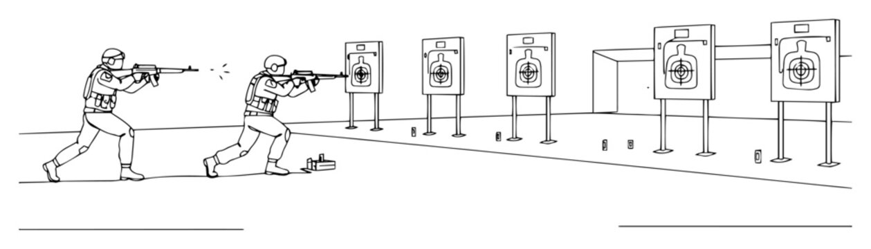 soldiers shooting at targets during drill &ndash; outline firearms training scene
