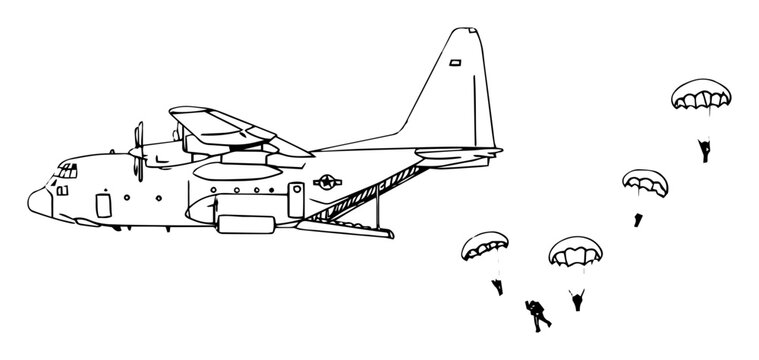 paratroopers jumping from military transport aircraft &ndash; outline airborne operation