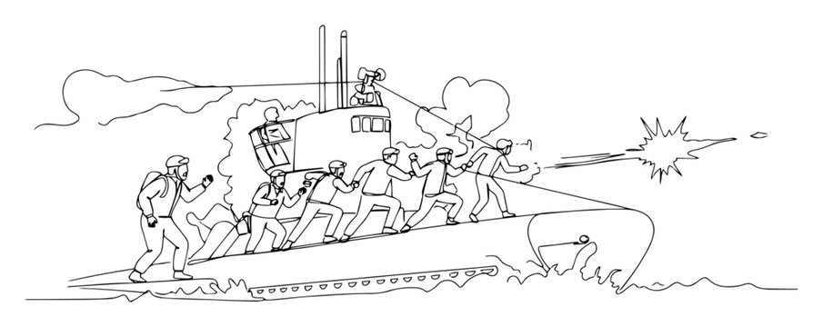 soldiers disembarking submarine under fire &ndash; outline naval landing operation