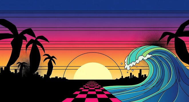 Retro Futuristic Wave Surfing Sunset Scene.