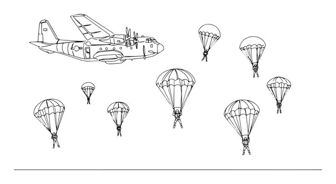 airdrop operation with paratroopers vector outline