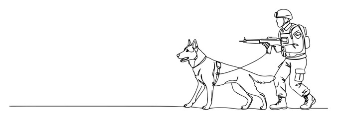 Obraz premium military dog handler patrolling with weapon monoline
