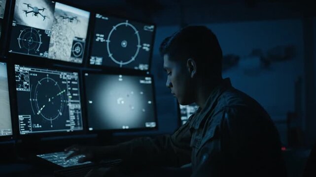 Static shot of young operator controlling drone surveillance system in dark room.