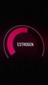 Animated estradiol hormone indicator dropping rapidly, showing significant female balance deficiency, metric presentation warning of low estrogen impact, dark background, copy space