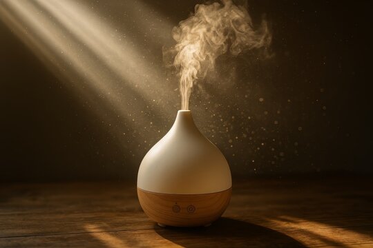Essential oil diffuser creates soothing mist. Golden light illuminates dust particles for a calming ambiance.