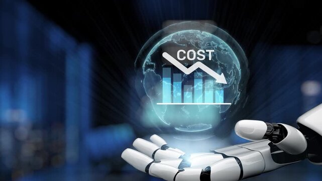 A futuristic robot hand showcases a globe with a cost reduction graph, symbolizing the intersection of technology and finance in modern business strategies. Synapse