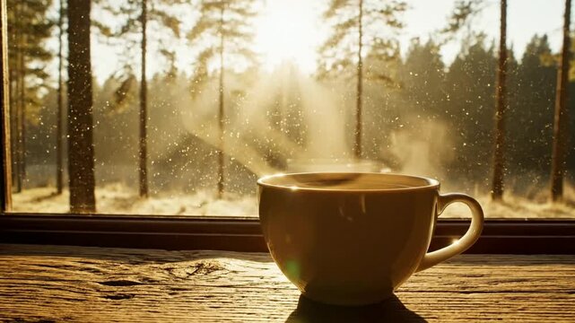 Steaming Cup of Coffee on Rustic Wooden Table by Window with Snowy Forest View at Sunrise rustic table