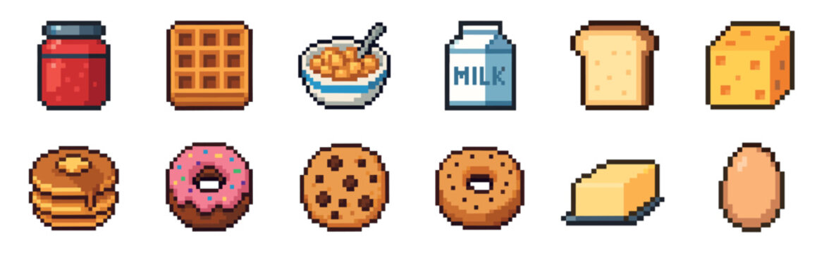 Collection of pixel art food icons featuring various breakfast and snack items like pancakes, donuts, milk, and cheese, rendered in a retro 8-bit video game graphic style
