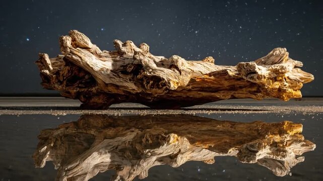 Gnarled driftwood root with weathered texture reflecting on a calm surface under a dark, starry night sky, natural beauty.
