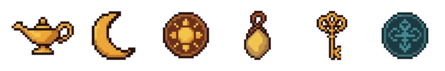 Obraz premium Pixel art set of fantasy video game icons featuring a magic lamp, crescent moon, shield, amulet, and ornate key for a retro 8-bit RPG adventure asset collection