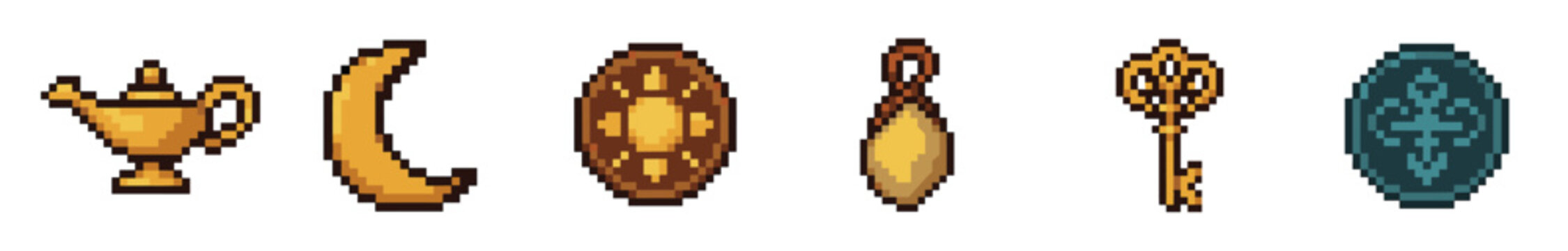 Pixel art set of fantasy video game icons featuring a magic lamp, crescent moon, shield, amulet, and ornate key for a retro 8-bit RPG adventure asset collection