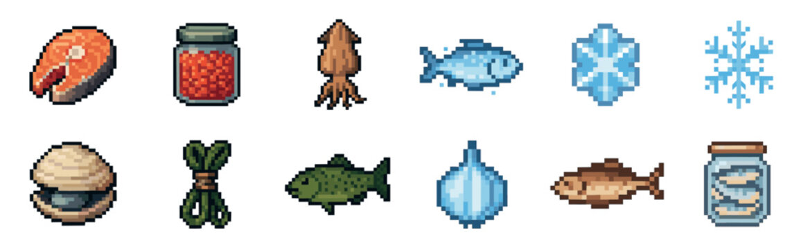 Charming set of pixel art food and item icons for a retro video game, showcasing fish, seafood, preserved goods in jars, and decorative ice crystal snowflakes