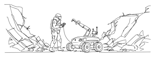 Obraz premium explosive ordnance disposal robot with operator – continuous line art in a vector format with a simple black outline