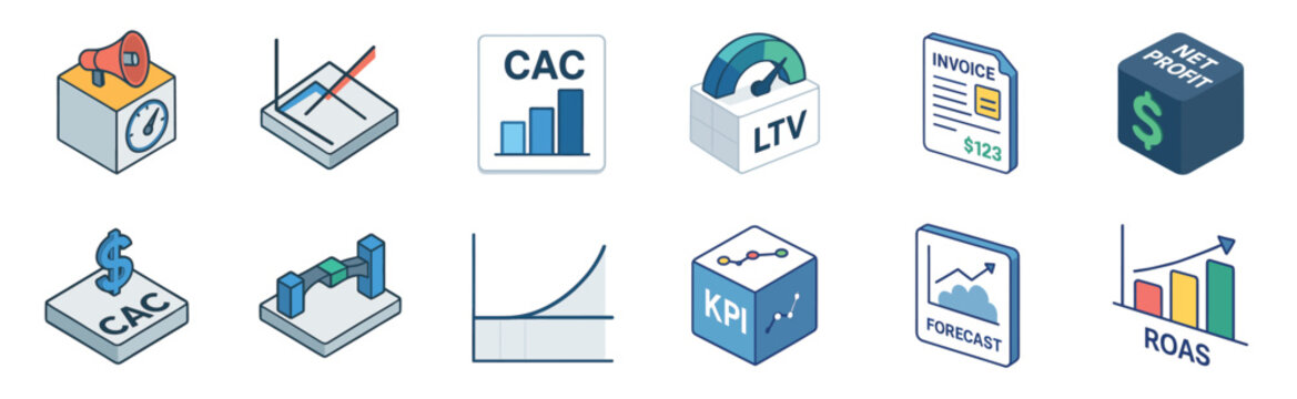 Colorful isometric business and marketing icon set with symbols for net profit, KPI, ROAS, and financial forecasting for data analysis and strategic planning presentations