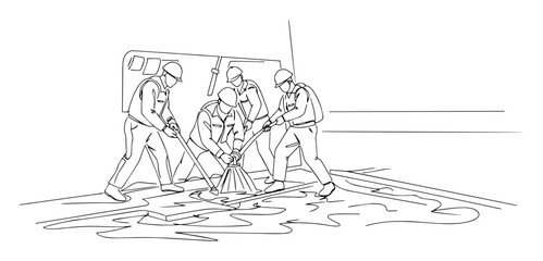 soldiers loading wounded onto helicopter – black-and-white continuous line design © Wieslaw
