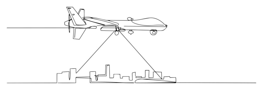 surveillance drone scanning urban area &ndash; black line art on white background