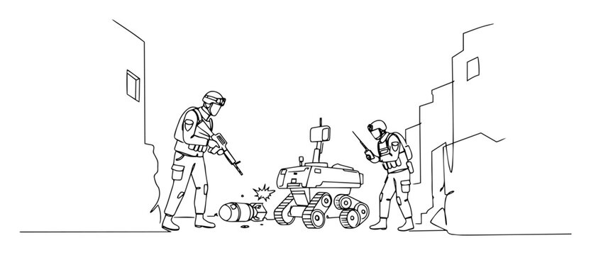 bomb squad operating robot in alley &ndash; black-and-white continuous line design