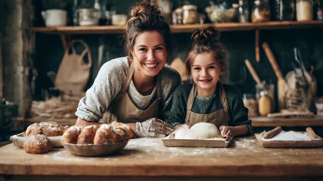Mothers Day, Valentines Day, love holiday theme. A woman and a young girl in aprons baking together in a rustic kitchen. On the table in front of them are various food items, a bowl.