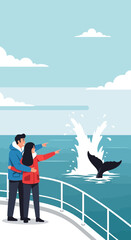Obraz premium Couple Observing Majestic Whale Tail Splash From Boat Deck Serene Ocean