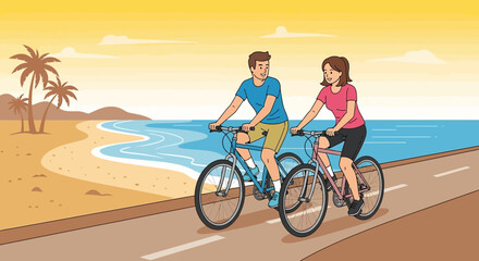 Obraz premium Couple Cycling Along Scenic Beach Pathway Tropical Paradise Adventure