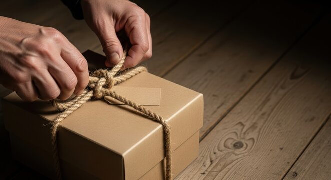 Hands carefully complete packaging gift, tying rustic rope around a brown box on dark wooden surface. Thoughtful packaging gift includes blank tag, emphasizing handcrafted presentation.